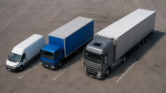KI-Symbolbild: Transporter, Koffer-Lkw und Sattelzug in einer geordneten Fuhrparkübersicht