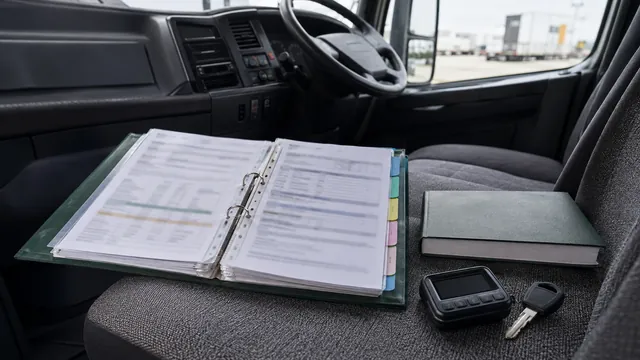 KI-Symbolbild: geöffnete Fahrzeugakte mit Servicebuch, Bordgerät und Schlüssel in einem Lkw-Fahrerhaus