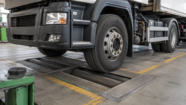 KI-Symbolbild: Lkw-Vorderrad und Fahrgestell an einem Rollenbremsprüfstand in einer Prüfhalle